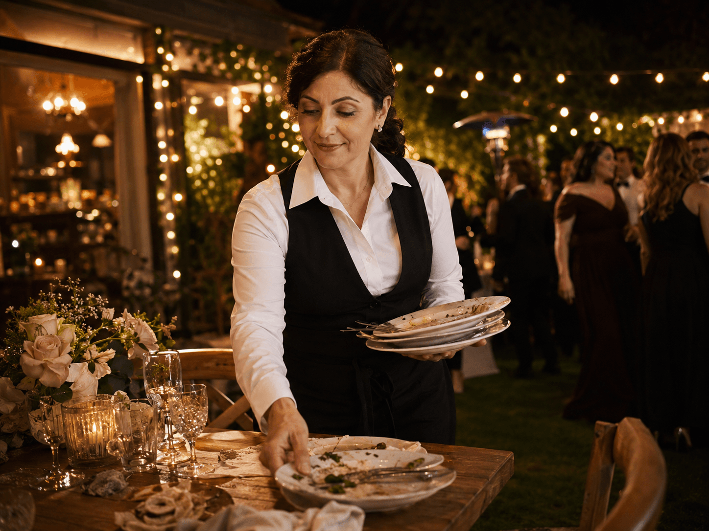 Waitstaff event service in night lighting