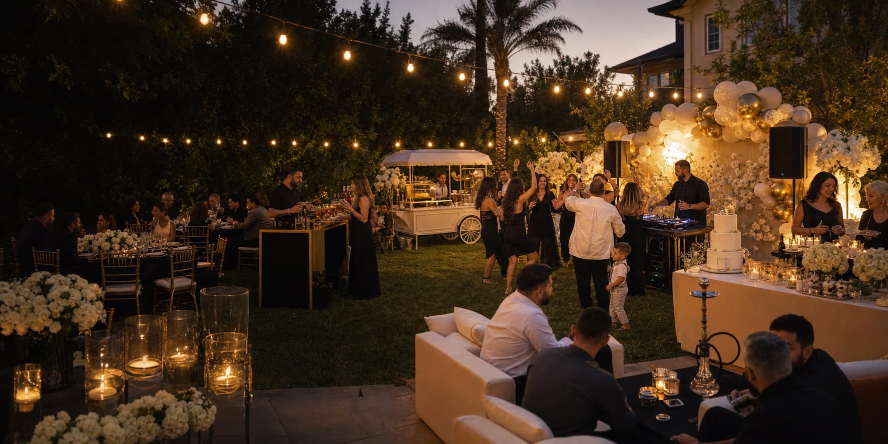 Warm backyard celebration with guests and event services