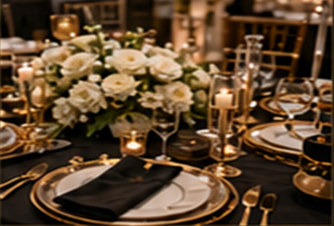 Elegant black and gold table setup with flowers and candles.
